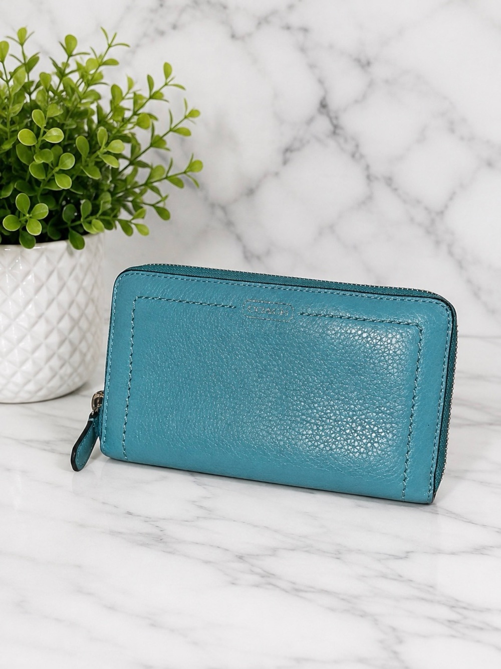 Coach Turquoise Blue Leather Zip Around Accordion Wallet Silver Hardware